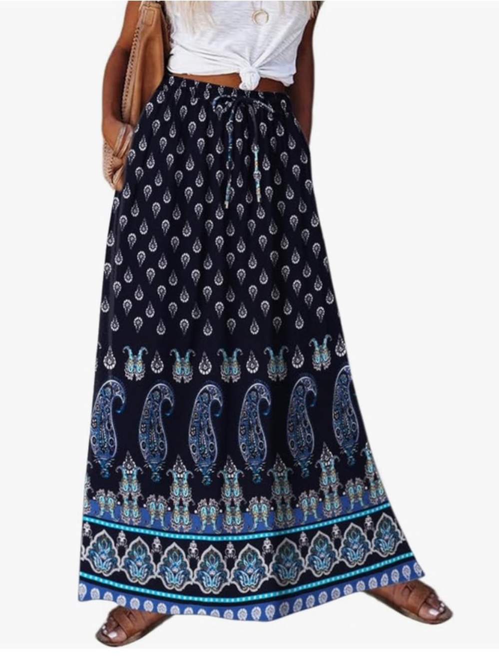 Zeagoo Blue Floral Boho Drawstring Waist Maxi Skirt XL